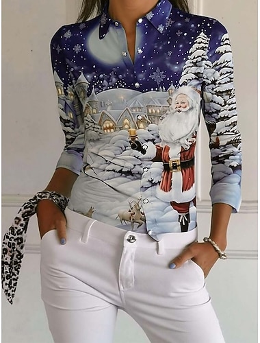  Julekvinnens Santa Claus Jule Tre Skjorte Bluse Graphic Ruter Prikker Vintage Tropisk Stilig Langermet Skjorte Krage Topper Bryllupsgjest Arbeid Fest Kveldsantrekk Knapper Trykk