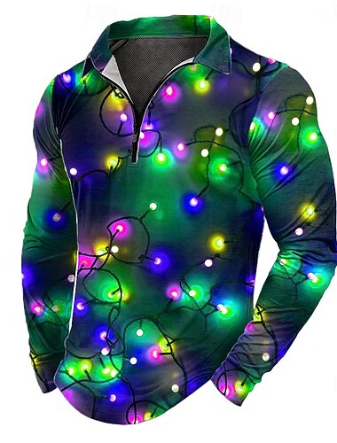  Natal Homens Lanternas Camisas Polo com zíper Manga Longa Camisas polo Lapela Casual Ao ar livre Feriado Traje de festival Impressão 3D Primavera Outono Inverno Vermelho Azul Verde