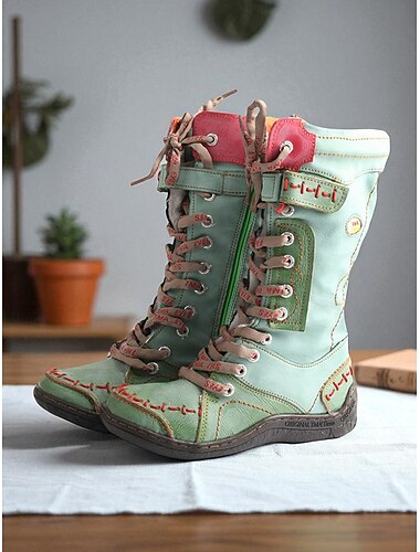  Women's Genuine Leather Lace-Up Mid-Calf Boots with Side Zipper and Colorful Stitching, Vintage Casual Fashion Boots for Winter Outfits & Outdoor Wear