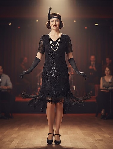  Set Goldene Zwanziger 1920er Knielang Flapper Kleid Cocktailkleid Ausgefallene Kostüme mit Zubehör Kurze Ärmel Der große Gatsby Flapper-Mädchen Pailletten Quastenfransen V Ausschnitt Kostüm Damen