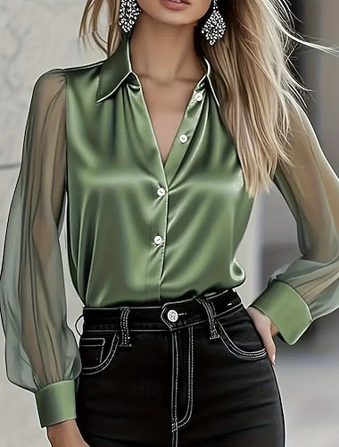  Damen Hemd Elegant Satin-Top Bluse Knöpfe Einfach Elegant Stilvoll Langarm Hemdkragen Normale Oberteile Ferien Ausgehen Königsblau Grün Sommer Frühling