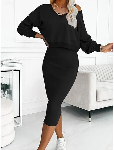  בגדי ריקוד נשים סוודר סט סוודרים יום יומי רך צבע אחיד מצולע צווארון V סרוג שרוול ארוך חולצות רגילות לִסְרוֹג בָּחוּץ יומי סוף שבוע שחור פוקסיה סתיו חורף