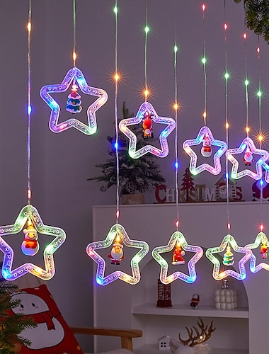  Cortina de luz de Natal de 3,5 m, cordão de luz de fio de couro, árvore de Natal circular, estrela de cinco pontas em forma de quarto interno, sala de estar, festa, luz de decoração de atmosfera de