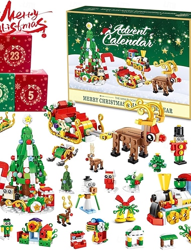  byggeklosser til juleadventskalender for barn &Voksne, gavesett med 24 dagers nedtelling og 24 miniklosser, inkluderer juletre, reinsdyr, slede og tog, morsomt byggeleketøy til jul.