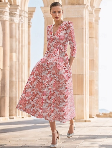 Jacquard Virágos A-Líniás Koktélruhák Elegáns Formális Esküvői Ankle Hosszúságú Félujjú V Nyak Nylon Nyomtatott Hasíték Zsebes Esküvői Vendég Ruha   Jacquard Virágos A-Líniás Koktélruhák Elegáns Formális Esküvői Ankle Hosszúságú Félujjú V Nyak Nylon Nyomtatott Hasíték Zsebes Esküvői Vendég Ruha