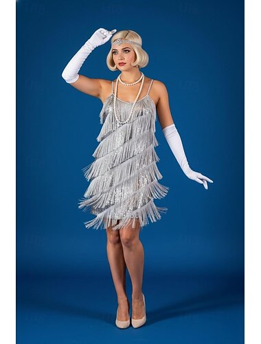  Goldene Zwanziger 1920er Knielang Flapper Kleid Ärmellos Der große Gatsby Pailletten Fransen Rundausschnitt Kostüm Damen Weihnachten Karneval Maskerade Retro-Mottoparty Charleston-Tanz Erwachsene