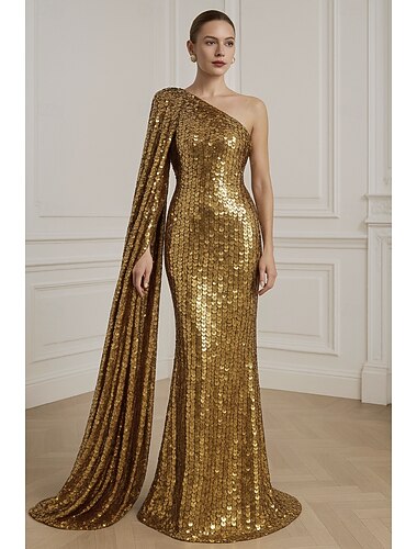  タイト／コラム フロア丈 ケープ付きボールガウン イブニングドレス フォーマルドレス エレガント 光沢タイプ ノースリーブ ワンショルダー フォーマル 結婚式 スパンコール ととも​​に グリッター素材 スパンコール