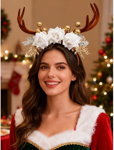  Weihnachts-Stirnband aus Rentiergeweih für Damen, 2er-Set, festlicher floraler Haarschmuck mit roten und weißen Rosen, goldenen Beeren &Samthörner für die Weihnachtsfeier &Familienfotos