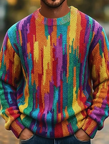  Муж. Контрастных цветов Абстракция Пуловер Свитер Вязаная одежда "Круглый вырез ""под горло""" На каждый день Отпуск Для улицы Повседневные 3D печать Вязанная Сохраняет тепло Длинный рукав