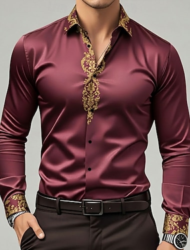  رجالي طباعة زهور عرقي الزهور قميص قميص الساتان قميص رسمي كم طويل ريترو خمر عطلة مناسب للبس اليومي الصيف الربيع الخريف طوي طباعة ثلاثية الأبعاد قمصان بأزرار عنابي بني فاتح أزرق أرجواني