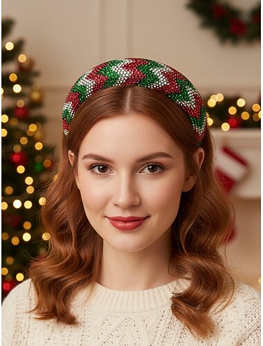  Kersthoofdband met kralen voor dames, feestelijk roodgroen zigzag haaraccessoire voor feestdagen &winteroutfits