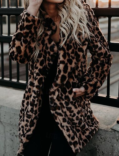  Dame Vinterfrakk Fuskepels Hold Varm Bekvem Lomme Fritid Leopard Feriereise Dagligdagstøy Ut på byen Helg Lang Aftæpning Normal Langermet Yttertøy Brun Høst Vinter