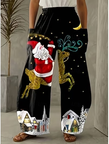  Dámské Široké nohavice Kalhoty prázdniny Vinobraní Etnický styl Plná délka Vysoký pasPantsVánoce Grafika Ježíšek Kapsy Elastický pas Tisk Pohodlný Prodyšnost Neelastické Dovolená Ležérní Denní Čern