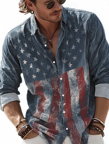  男性用 アメリカの米国旗 愛国 シャツ ボタンアップシャツ 長袖 ヴィンテージレトロ 祝日 カジュアル／普段着 春 秋 折襟 3Dプリント 襟付きシャツ ブルー ルビーレッド