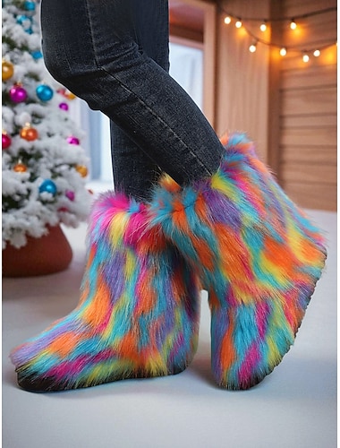  stivali da neve alla caviglia in pelliccia sintetica arcobaleno colorato da donna: calzature divertenti, comode e vivaci per le vacanze invernali, le feste di Natale e l'uso quotidiano