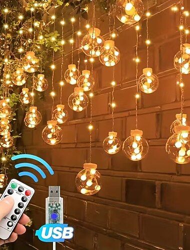  مصباح كروي جديد مزخرف بأجواء العطلات مزود بمنفذ USB مع جهاز تحكم عن بعد مناسب للزينة الداخلية لعيد الميلاد وعيد الحب والتجمعات العائلية وغرف النوم والحفلات وسلسلة LED داخلية