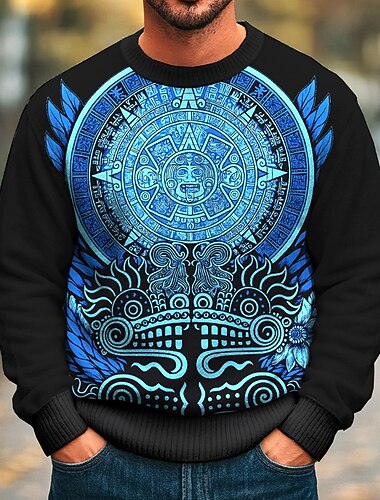  Herre Totem Pullover genser Strikketøy Crewneck Retro / vintage Fritid Feriereise Gate Daglig 3D-utskrift Strikking Hold Varm Langermet Vår Høst Vinter Blå Grønn