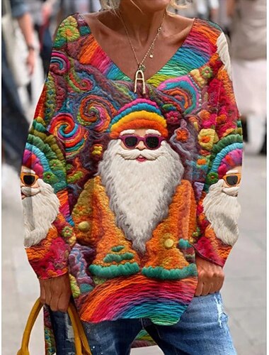  חג המולד בגדי ריקוד נשים חולצה קצרה גראפי סנטה קלאוס חג מולד אלגנטית וינטאג' אופנתי שרוול ארוך צווארון V חולצות רגילות יומי סוף שבוע דפוס ורוד מסמיק אודם תלתן אביב סתיו חורף