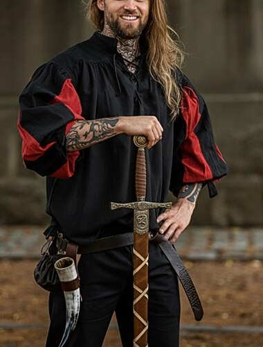  Retro vintage Punk & Gothic Middeleeuws Blouse / overhemd Gemaskerd Bal Tuniek Ridder Viking Kruisvaarder Outlander Landsknecht Volant Kleurenblok Kostuum Voor heren Keltisch Piraat Carnaval Maskerade