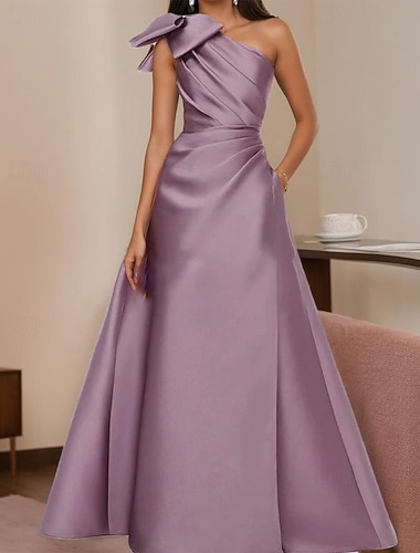  A-linje Gulvlengde Kveldskjoler Ballkjole Formell kjole Elegant Fest Ermeløs Enskuldret Aftenselskap Hage fest Sateng med Sløyfe(r) Plissert