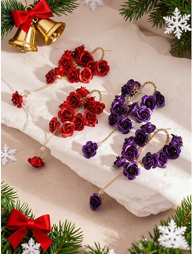  dameøreringer med roseblomst, romantiske blomstersmykker med gullkjeder til julefester, julegaver &festlige antrekk