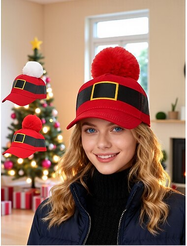  Gorro navideño de Papá Noel para mujer con pompón, divertido accesorio navideño, perfecto para fiestas navideñas, disponible en rojo.