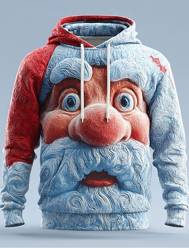  Новогодняя тематика Муж. Дед Мороз 3D в мультяшном стиле Толстовка Мода Повседневные На каждый день Длинный рукав Вырез под горло Капюшон Дом Для вечеринок Подарок Синий Белый Красный Кулиска