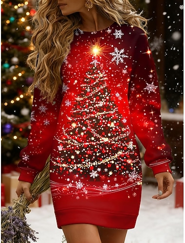  クリスマス レディース クリスマスツリー 雪の結晶 ミニドレス シフトドレス バケーション カジュアル デイリー ホリデー レギュラーフィット グラフィック 長袖 クルーネック 赤 青 紫 緑 秋 冬
