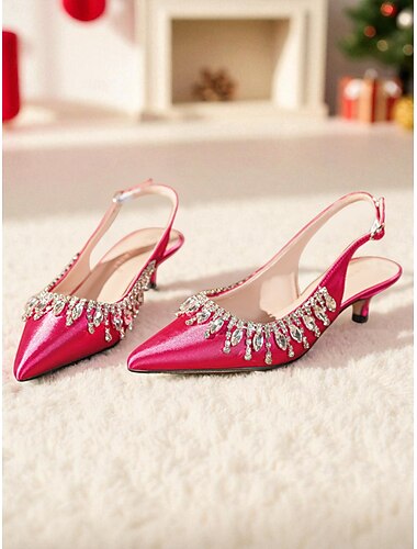  damerosa sateng slingback-hæler, strass-utsmykket spiss tå kitten heels til julefester &høytidsfeiringer