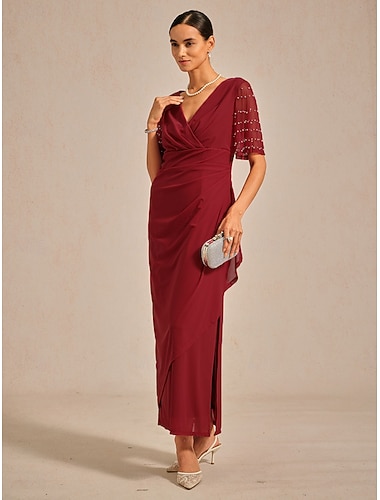  Dame Maxikjole Tubekjole Elegant Bryllupsgjest Aftenselskap Cocktailfest Normal Helfarge Kortermet V-hals Rød Sommer Vår Høst