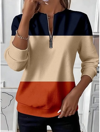  Mulheres Moletom Moletons com zíper Zíper Imprimir Gráfico Geométrica Bloco de cor Moda Casual Manga Longa Gola Redonda Tops regulares Rua Dia a Dia Verde Claro Marron cáqui Outono Inverno