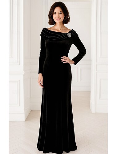  Футляр В пол Выпускные платья Вечернее платье С пышной юбкой Торжественное платье Элегантный стиль Длинный рукав Вырез-хомут Официальные Свадьба Бархат с Стразы