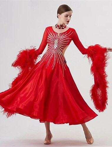  Kjole til dame med ballroom-dans, strass, fjærermer, vals, tango, konkurransekjole med gjennomsiktig rygg – rød