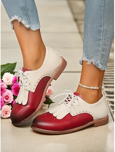 Tweekleurige Oxford-schoenen voor dames met franjedetails, vintage veterschoenen uit de jaren 50 voor casual kleding, dagelijkse outfits en retrofeestjes