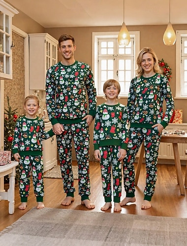 Olhar de família Natal Pijama de Natal para a Família Pijamas Conjuntos de família Gráfico Boneco de Neve Floco de Neve Casa Imprimir Verde Manga Longa Diário Roupas Combinando