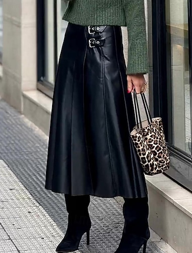 Damen Rock A-Linie Elegant Mode Midi Mittlere Hüfthöhe Röcke Einfach Gerafft Mikroelastisch Straße Täglich Schwarz Herbst Kunstleder Polyester   Damen Rock A-Linie Elegant Mode Midi Mittlere Hüfthöhe Röcke Einfach Gerafft Mikroelastisch Straße Täglich Schwarz Herbst Kunstleder Polyester