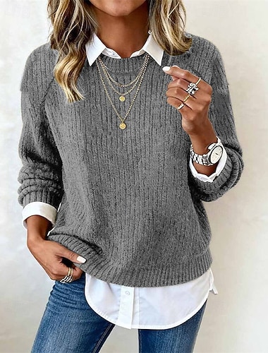  女性用 ニット プルオーバー エレガント ファッション カジュアル 純色 クルーネック 特大の ニット 長袖 レギュラートップス ニット アウトドア ワーク 日常 ライトブルー ブラック 秋 冬