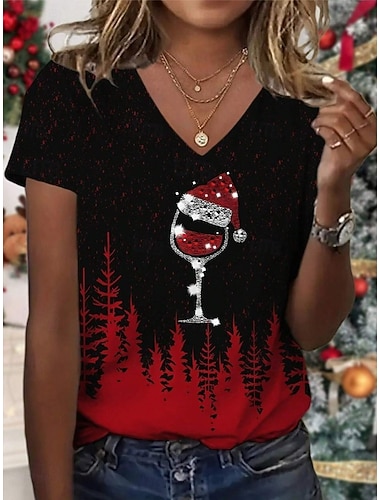 Weihnachten Damen T Shirt Grafik Weinglas Vintage Stilvoll Klassisch Kurzarm Rundhalsausschnitt V Ausschnitt Normale Oberteile Täglich Druck Wein Blau Purpur Grün Herbst Winter   Weihnachten Damen T Shirt Grafik Weinglas Vintage Stilvoll Klassisch Kurzarm Rundhalsausschnitt V Ausschnitt Normale Oberteile Täglich Druck Wein Blau Purpur Grün Herbst Winter