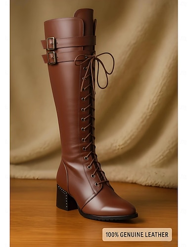  מגפי עור אמיתיים לנשים בגובה הברך, מחומר עור פרה איכותי, שרוכים ואבזם, עקב בלוק, נעליים אופנתיות אורבניות לנשים