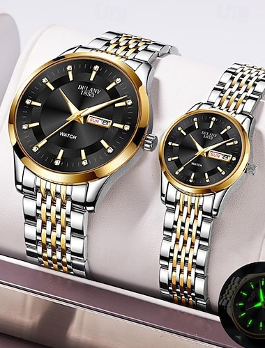  due nuovi orologi al quarzo alla moda per le coppie - cassa in acciaio inossidabile, resistenza all'acqua IPX7, doppio calendario luminescente, data e visualizzazione domenica/lunedì, cinturino in
