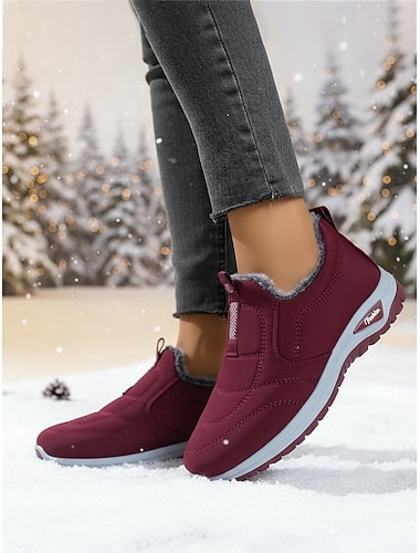  scarpe invernali slip-on da donna color bordeaux con finiture in pelliccia sintetica, stivaletti comodi per il freddo, perfetti per Natale, shopping natalizio e giornate informali