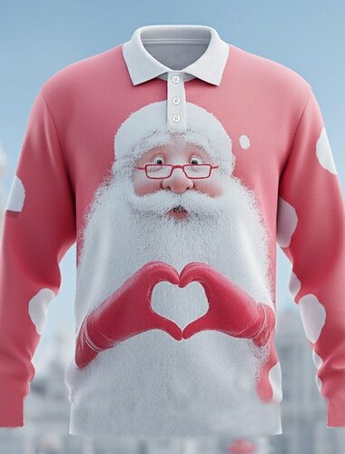  Jul Herre julenissen Polo Langermet Poloskjorter Knaphul Fritid utendørs Dagligdagstøy Festivalantrekk 3D-utskrift Knapper Vår Høst Vinter Rød 1 Rød 3 Rød 2