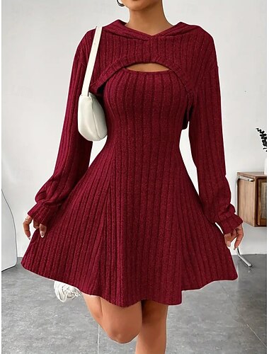  Women's Dress Set A Line Dress Elegant Plain Ruched Mini Dress Long Sleeve Hooded Outdoor Vacation Black Wine Apricot Spring Fall Regular Fit