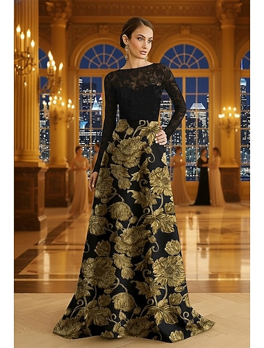 А-силуэт Вечернее платье Элегантный стиль Торжественное платье Официальные Свадьба В пол Длинный рукав Вырез лодочкой Кружева с Принт 2025   А-силуэт Вечернее платье Элегантный стиль Торжественное платье Официальные Свадьба В пол Длинный рукав Вырез лодочкой Кружева с Принт 2025