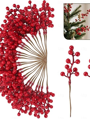  Opakowanie 50 ozdób choinkowych, sztuczne łodygi jagód, czerwone gałązki jagód na świąteczne przyjęcie zimowe, kompozycje kwiatowe, ozdoby do domu i ozdoby DIY