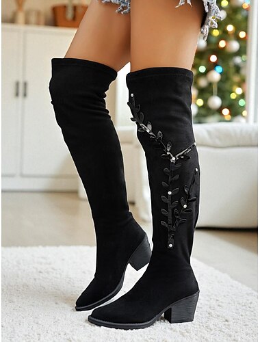  Svarte damestøvletter med fleecefor og bladdesign – stilige støvletter med hæl for vinter, høytidsfester og avslappede, elegante antrekk