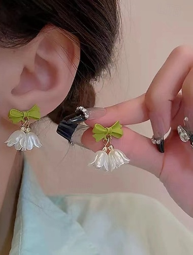  roztomilé náušnice s mašlí a zvonkovým květem – zelené pryskyřičné visací náušnice s mašlí a bílou lilií pro ženy