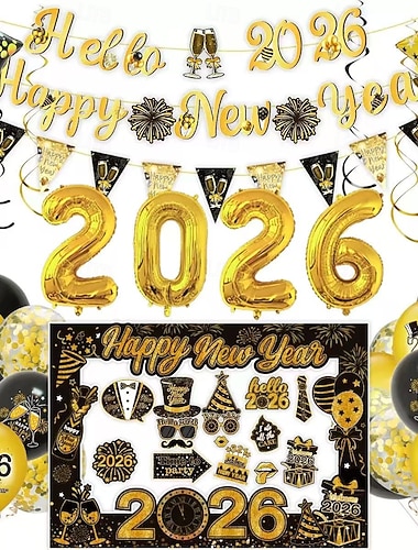  Nyårsaftonfest i svart och guld 2026, ballong- och banderollset – festtillbehör för gott nytt år med fotobåsrekvisita, girlanger &bakgrund för nedräkning och nyårsfirande