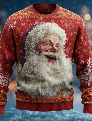  Csúnya karácsonyi pulóver Férfi Mikulás 3D nyomtatás Pulóver pulóver Kötöttáru Kerek nyakkivágás Alkalmi Vakáció Napi Fesztivál 3D nyomtatás Melegen tartani Hosszú ujj Tavasz Ősz Tél Rubin Medence