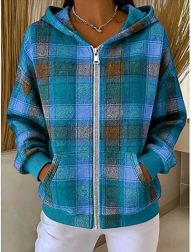  Dame Pullover hettegenser-genser Grafisk Geometrisk Ruter Varm Årgang Fritid Langermet Med hette Vanlige topper Gate Hverdag Avslappet Glidelås Trykt mønster Lomme foran Gul Rød Blå Høst Vinter